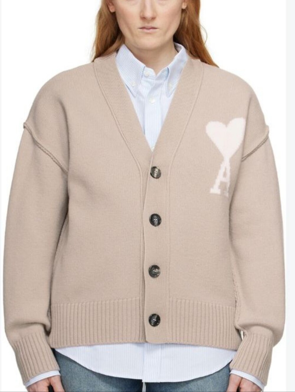 AMI Paris Beige Heart A Luxe Cotton Cardigan Sweater, L - Picture 12 of 12